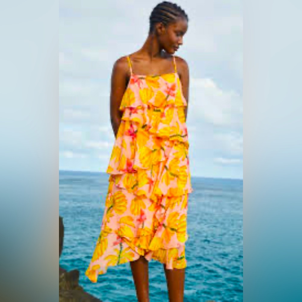 Farm Rio Banana Taste Ruffle Midi Dress Sz L NWT